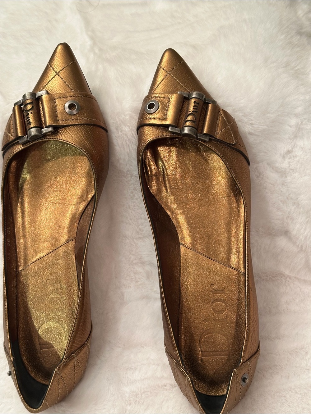 Dior Metallic Bronze Pointed-Toe Buckle Flats